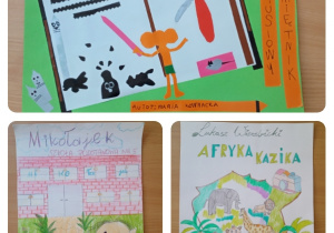 Prace plastyczne dzieci przedstawiające propozycje okładek dla książek.